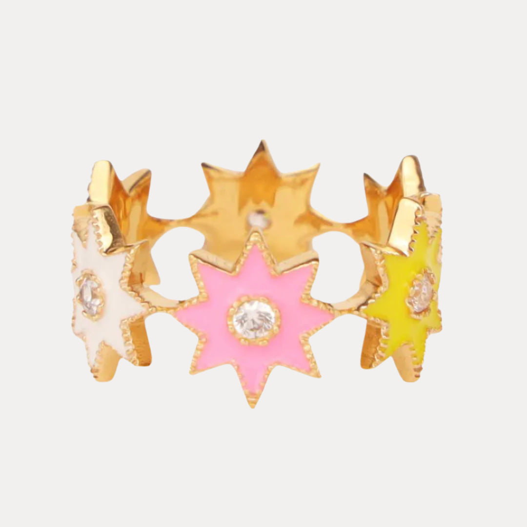 Pink Yellow White Star Cluster Ring